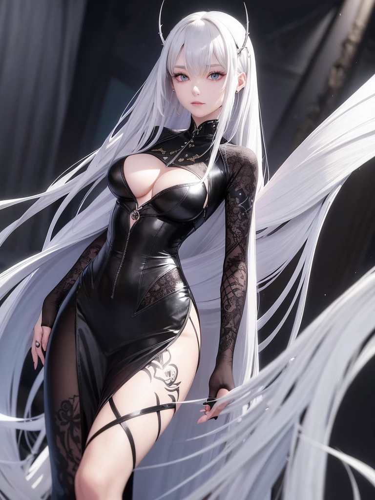 Lia has a tall and slender stature, with long, silver hair that resembles silver threads. Your eyes are deep blue, almost hypnotic, and she usually wears elegant but functional clothes, that do not restrict your movements during a battle. She has an intricate tattoo of thorns running down her right arm..