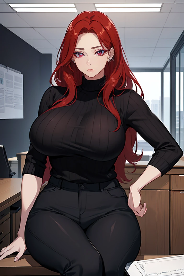 (Uhd, Masterpiece, Textured Skin, Super Detail, High Details, High Quality, Best Quality), Detailed Face, 1woman, mature pretty woman, Long red hair, (black sweater), (black pants), (Huge Body:1.5, tall), sitting on a chair behind a office table, (Low-sized breasts), (Office room)