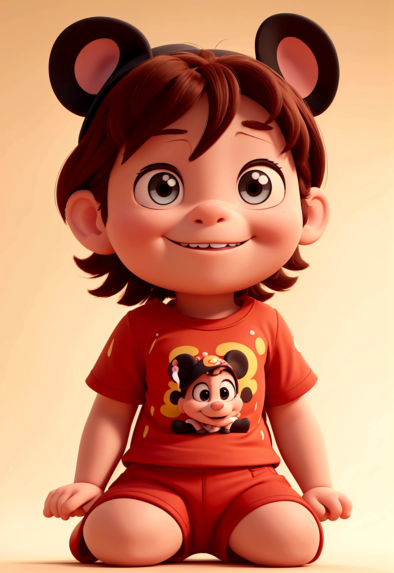 Create a 3D drawing in Disney cartoon format, of a 1 year old baby, brunette and short hair, sitting in red shorts and a black shirt with the Disney castle printed on the shirt and wearing a Mikey Mouse hat