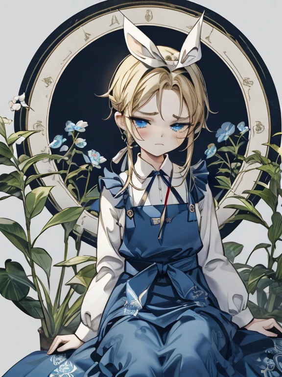 masterpiece, Highest quality, Very detailed, 16K, Ultra-high resolution, Cowboy Shot, Alice in Wonderland, (art nouveau:1.4), ****************, Detailed face, (Tired face:1.5), blue eyes, Blonde, ,braided ponytail, Ribbon on head, Blue clothes, Plain white apron, 大きなclockのある部屋で, clock, 壁clock, Music Box