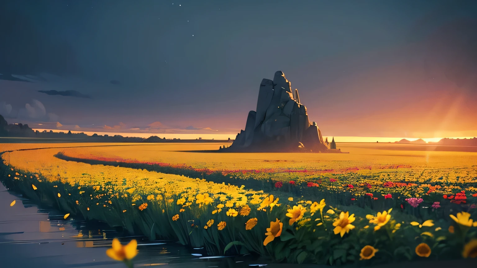 (best quality, masterpiece, ultra detailed, ultra high res, photorealistic, raw photo, absurdres, absolutely resolution), (no people:1.4), Calming images, warm colors, plants, and many flowers, late night
