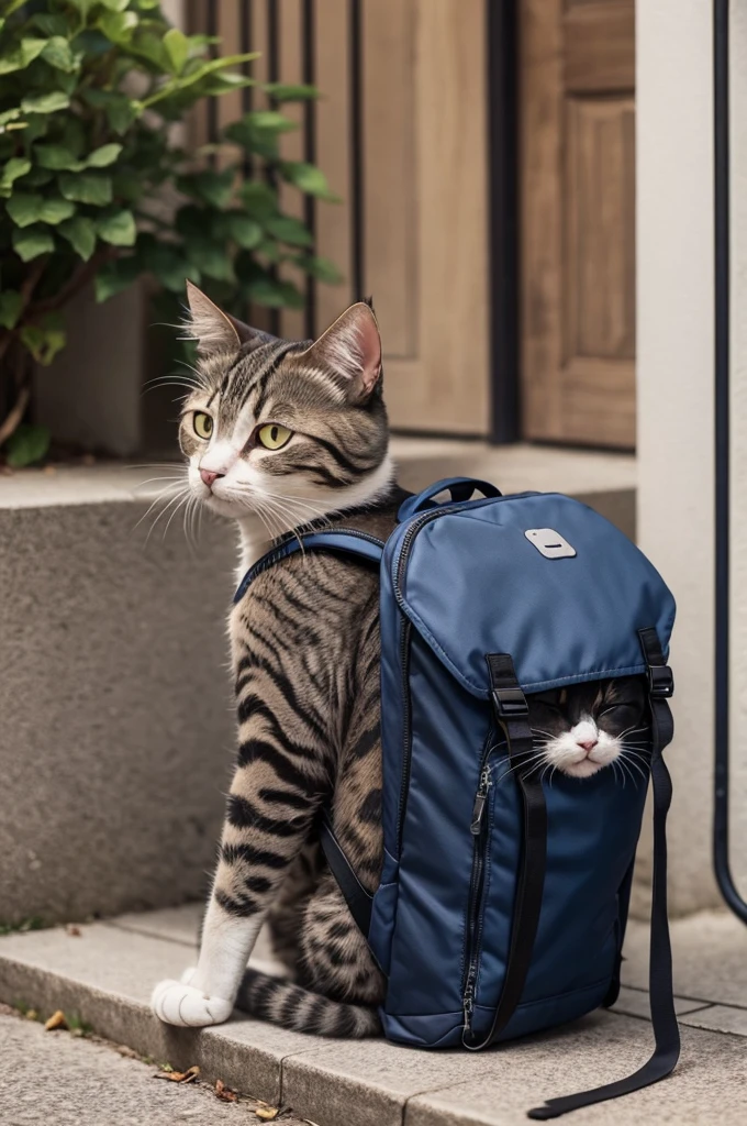 Very sad cat with backpack