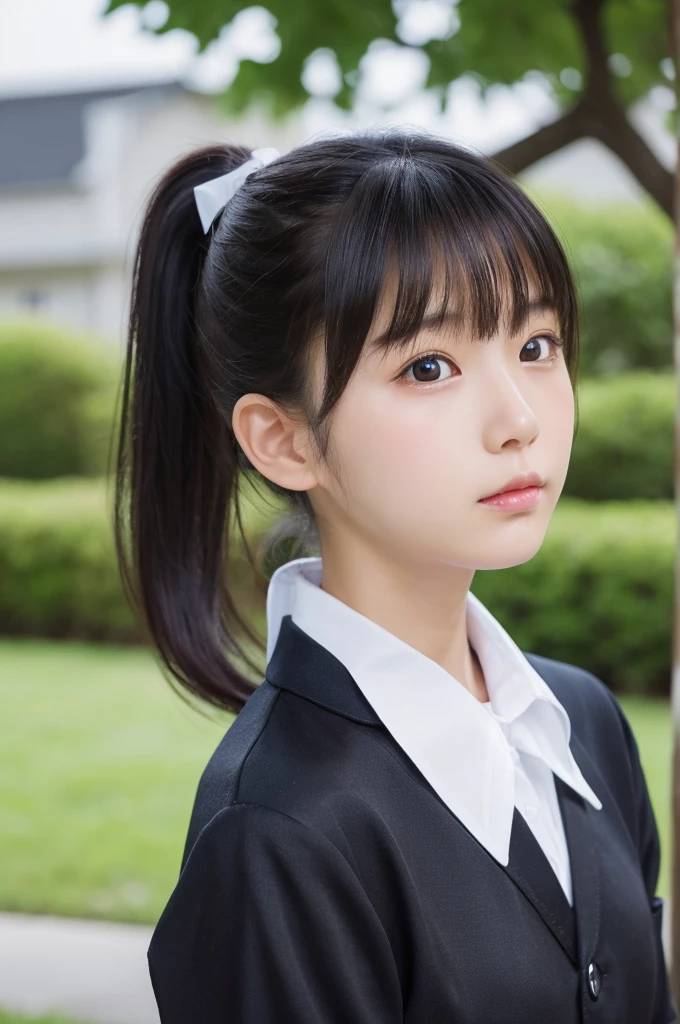 1 Girl, alone, Japanese girl, , (Highest quality, Realistic, High resolution, 8K, Very detailed, Detailed face, Shiny skin), Japanese , Collared shirt, White shirt, Ribbon tie, Black Hair, ragged bangs, ponytail,Gazing into the distance