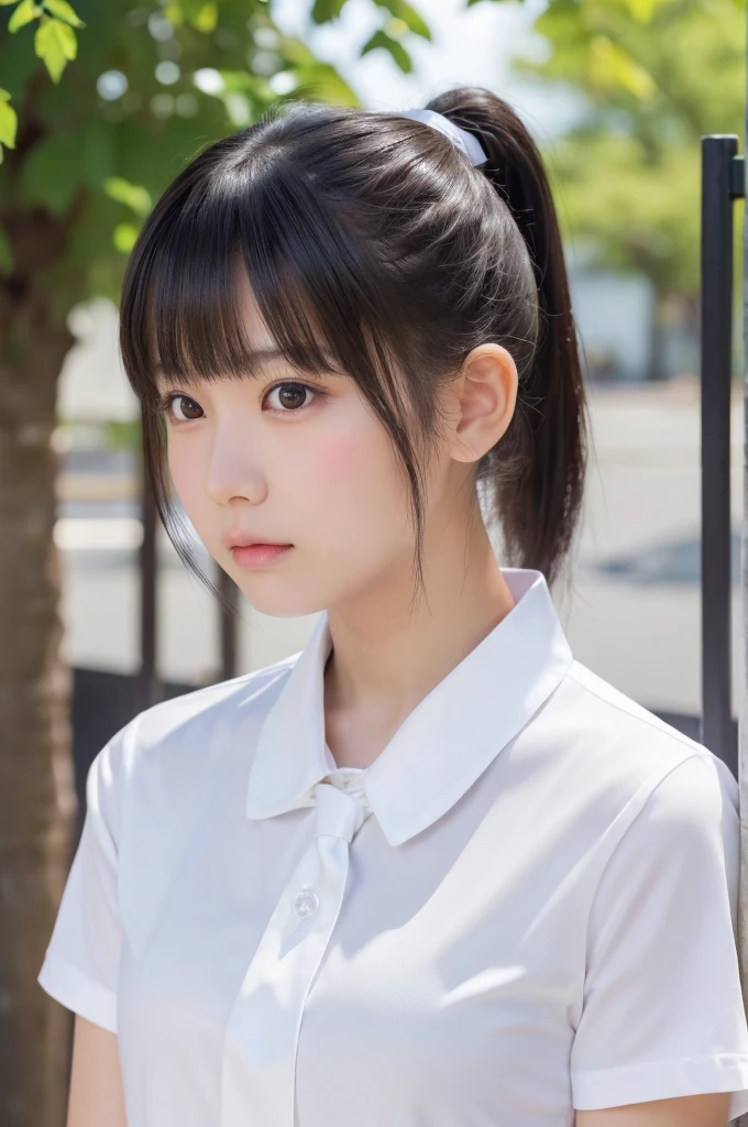 1 Girl, alone, Japanese girl, , (Highest quality, Realistic, High resolution, 8K, Very detailed, Detailed face, Shiny skin), Japanese , Collared shirt, White shirt, Ribbon tie, Black Hair, ragged bangs, ponytail,Gazing into the distance