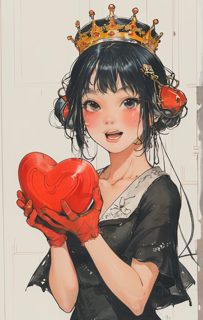 masterpiece, best quality, 1girl, gloves, solo, tongue, red background, black gloves, tongue out, long hair, elbow gloves, bangs, puffy sleeves, open mouth, grey hair, short sleeves, looking at viewer, hands on own face, upper body, blunt bangs, puffy short sleeves, colored tongue, heart, black dress, dress, hands on own cheeks, red eyes, facial mark, crown, simple background, tattoo, string, teeth, halftone