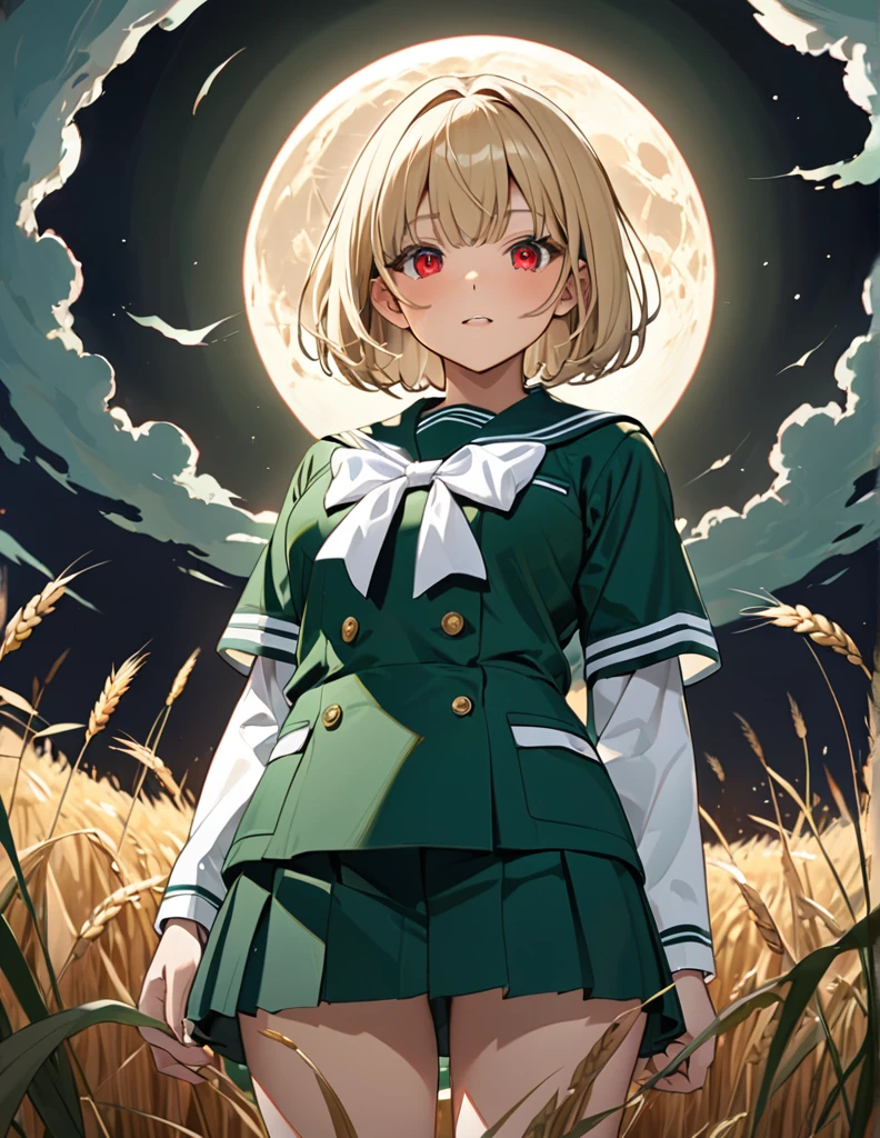 Highest quality, masterpiece, Ultra-high resolution, One girl,
blondes、Smooth Hair、Two-tone hair、Bobcut、Red Eyes、Sparkling Eyes、Detailed eyes、Slanted Eyes、Tanned, wheat-colored skin、Brown Skin、Traditional deep green sailor suit、White socks、loafers、whole body、Low - Angle、Fanning angles、Fantastic scene、Standing with your legs apart、Arms crossed、Confident expression、The full moon appears to be the same size as the large white body、god々Cool atmosphere、A ruined world、White Moon