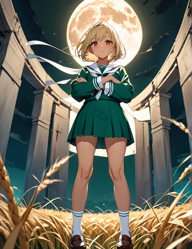 Highest quality, masterpiece, Ultra-high resolution, One girl,
blondes、Smooth Hair、Two-tone hair、Bobcut、Red Eyes、Sparkling Eyes、Detailed eyes、Slanted Eyes、Tanned, wheat-colored skin、Brown Skin、Traditional deep green sailor suit、White socks、loafers、whole body、Low - Angle、Fanning angles、Fantastic scene、Standing with your legs apart、Arms crossed、Confident expression、The full moon appears to be the same size as the large white body、god々Cool atmosphere、A ruined world、White Moon