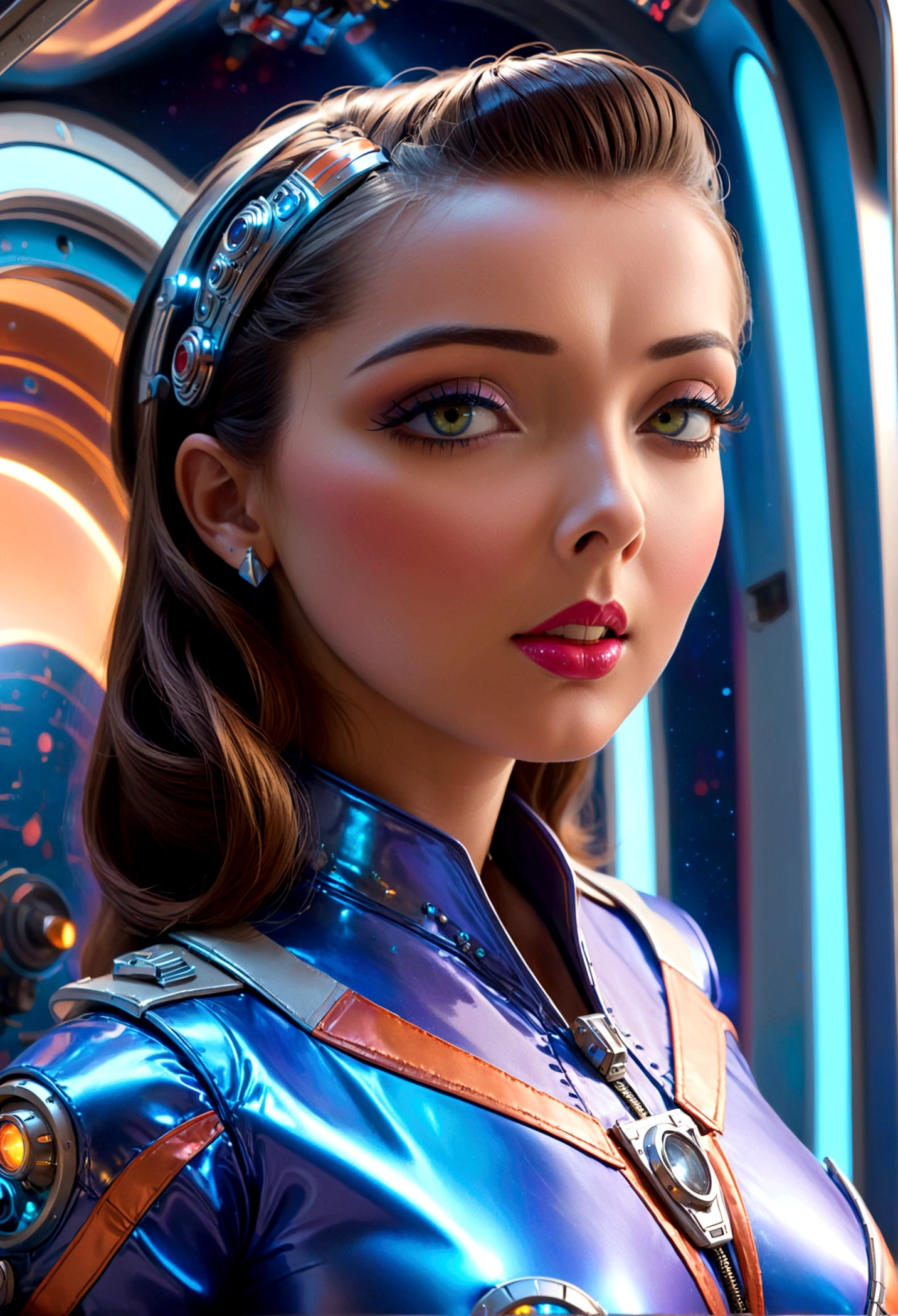 A sexy female space captain in a 50s-styled space outfit piloting her rocket with blinking controls and bright lights, highly detailed, photorealistic, 8k, hyper-realistic, extremely detailed, ultra-detailed, masterpiece, detailed eyes, detailed lips, long eyelashes, muscular, confident expression, dramatic lighting, neon colors, intricate ship interior, glowing displays, metallic textures, shiny surfaces, dynamic pose, cinematic angle
