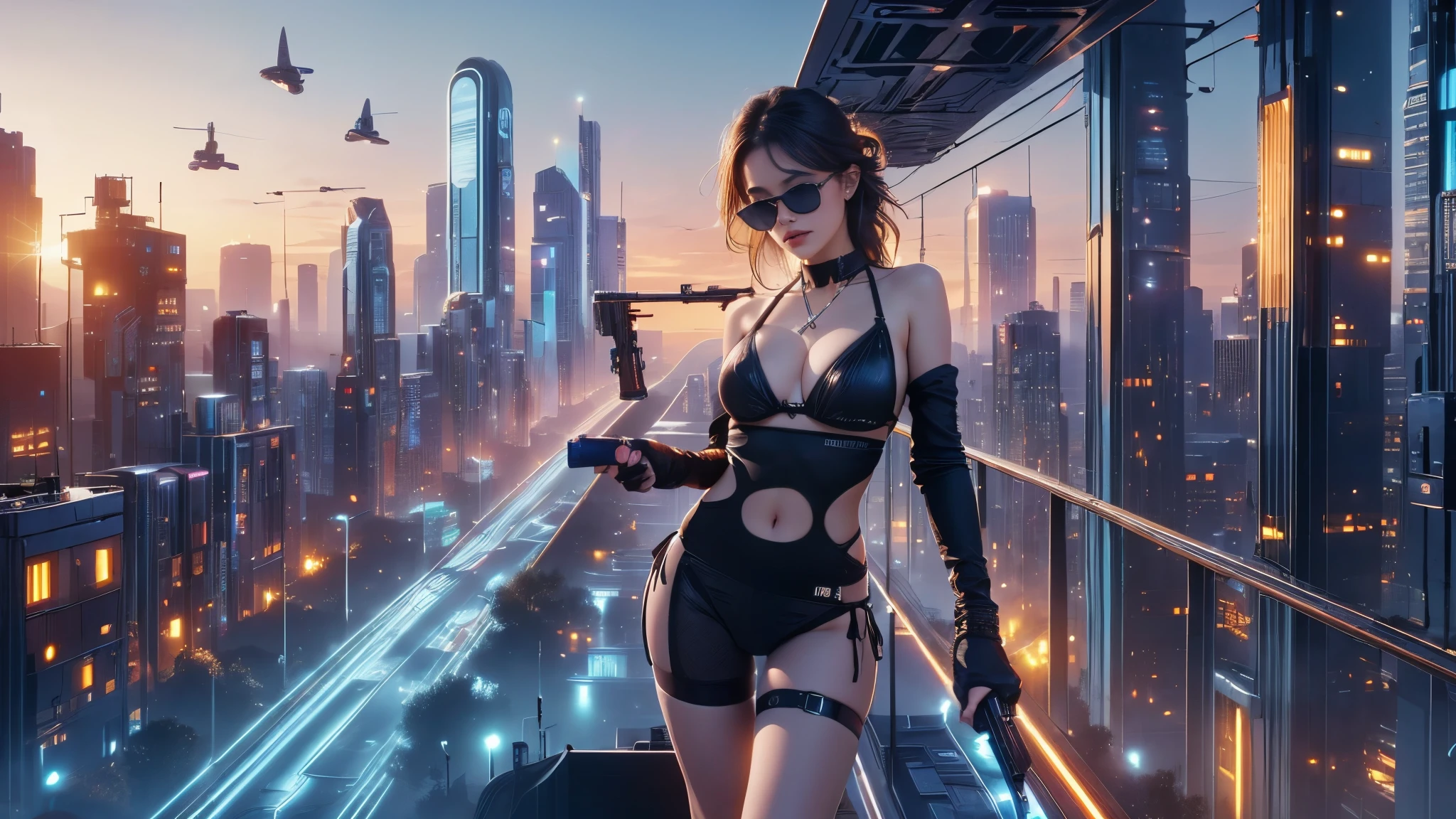(((a medium-breast bikini slim GIRL with black (micro) sunglasses))), (((((aiming at viewer with a pistol))))), a balcony of a futuristic building, aerial view of an ultra-futuristic megalopolis, metal buildings and houses in dark colors from dark blue to black, shades of metal gray, smoky metal structures, industrial environment with smoke and fog around, dark cars on the streets, desert megalopolis, modern metal rails and trains passing through, tall futuristic metal buildings, ultra modern buildings, realistic, detailed, sci-fi.