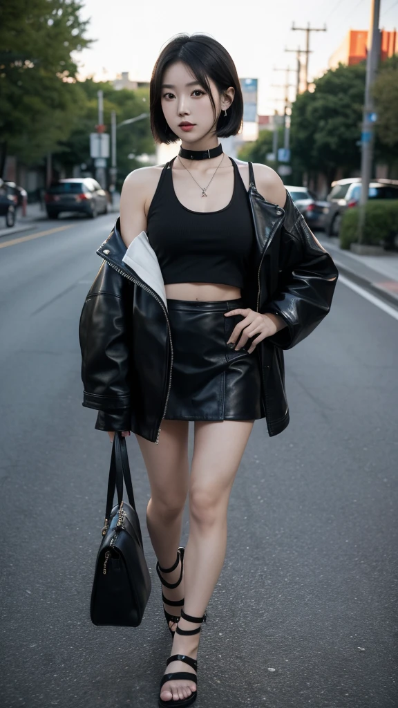 Japanese girl wearing a black leather jacket, wearing a black tank top wearing a short black skirt wearing sandals, has a sexy stomach, wearing a black leather choker necklace (masterpiece) 8k full resolution