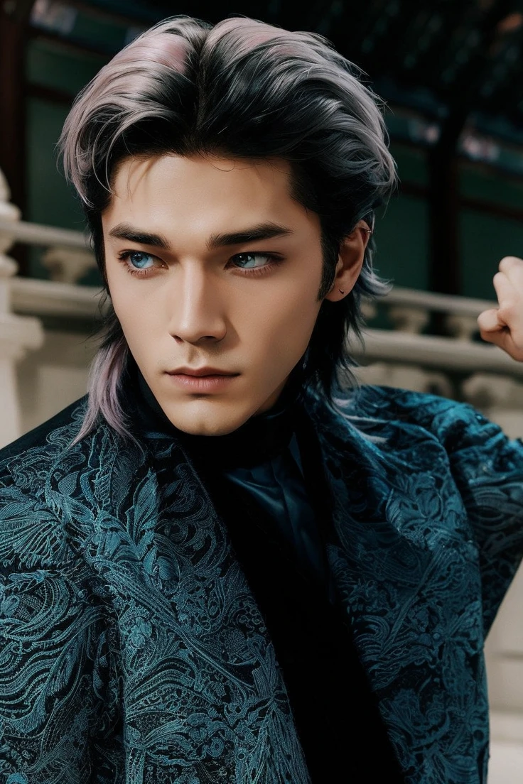 Disney prince in white suit, pink hair, dark background and demon grey eyes 