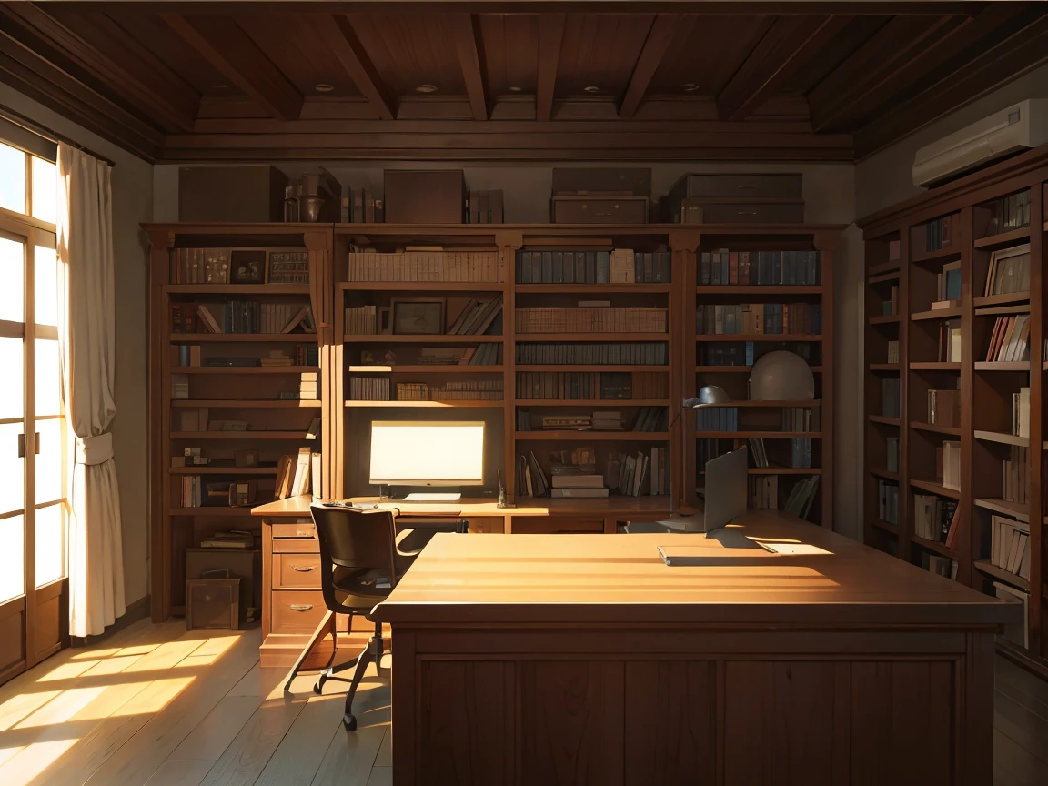 A narrow and dark study、A wall completely covered with bookshelves、desk with a computer、No people