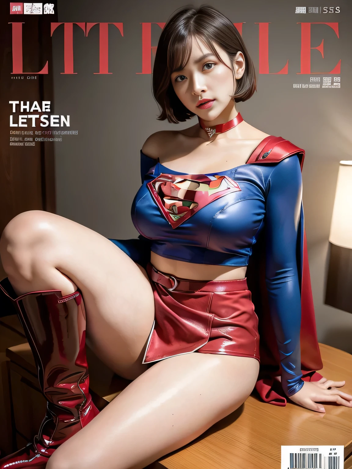 masterpiece、Satin Supergirl Costume、short hair、operating table、Patent leather boots、Big and ample breasts、choker、Long sleeve、Red mini skirt、Looking at the camera、Off the shoulder、Boasting beautiful legs、Weekly magazine cover、Skin glistening with sweat、