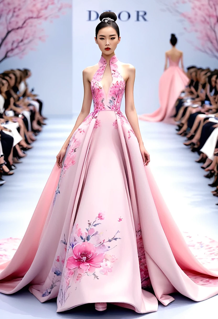 watercolor style::1.5 , Chinese model wearing a pink Dior gown with floral detailing, full body shot, on the runway, front view, showcasing the voluminous skirt and train details, natural lighting, Exaggerated dresses, Watercolor style, . The gown is in the style of Dior., anime style, 