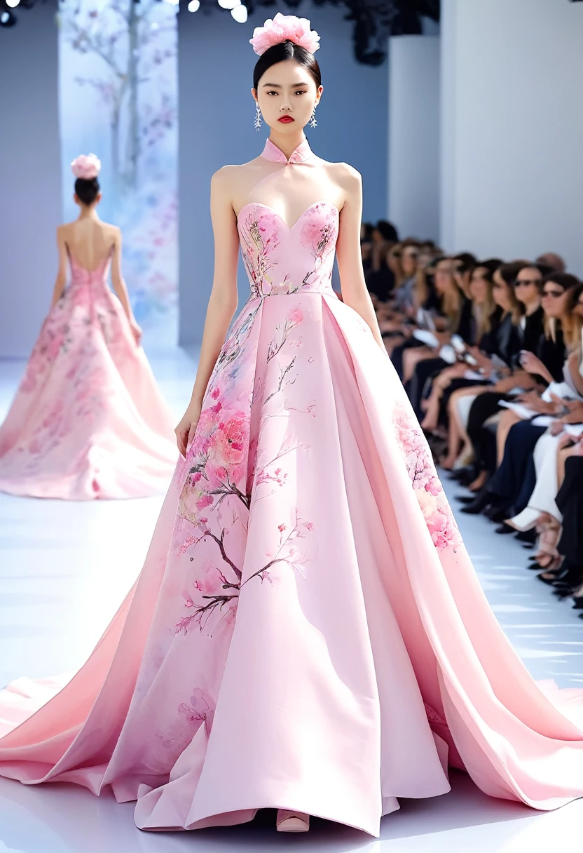 watercolor style::1.5 , Chinese model wearing a pink Dior gown with floral detailing, full body shot, on the runway, front view, showcasing the voluminous skirt and train details, natural lighting, Exaggerated dresses, Watercolor style, . The gown is in the style of Dior., anime style, 