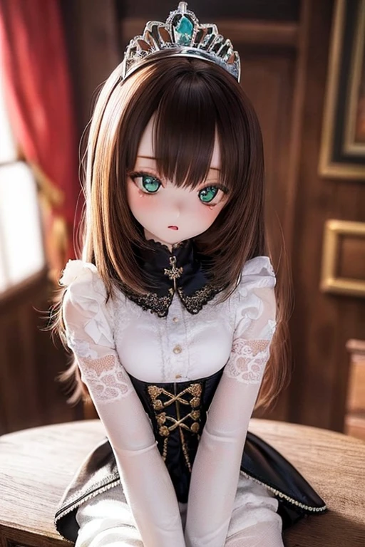 photorealistic, realistic photo, ((highest quality)), ((masterpiece)), detailed, kukolnydom, doll, (mature woman, 22yo, 22 years old:1.6), solo, ((cowboy shot, sitting on desk, skinny, slender, slim, parted lips)), green eyes, brown hair, (looking down, blank eyes, empty eyes, detailed eyes, detailed face:1.3), golden bikini, museum, 8k