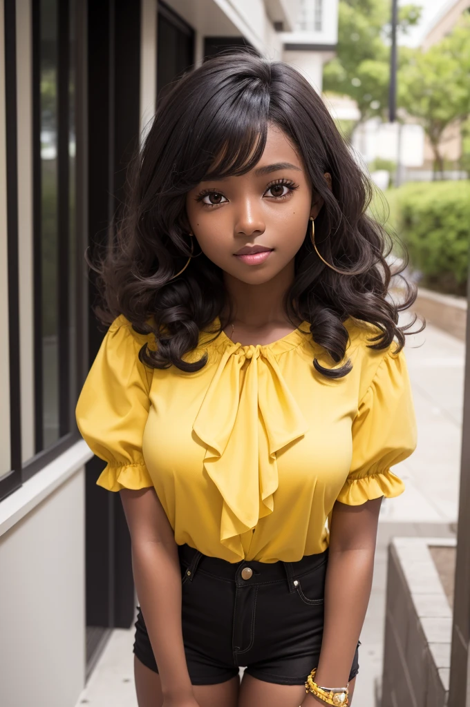 ung,dark skin tone ,heterogromia eyes,yellow blouse and black shorts,curled hair,She's on top of a building at night
