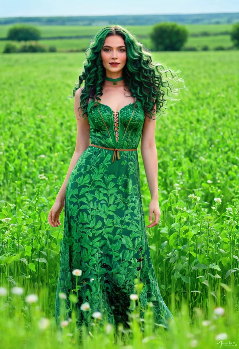 arafed woman in a green dress standing at the field of green plants, in a open green field, at the field, a goddess at the field of flowers, in the middle of a field, in a large grassy green field, wearing a dress made of vines, long curly green hair, in a field of grass, goddess of nature, i see fields of green