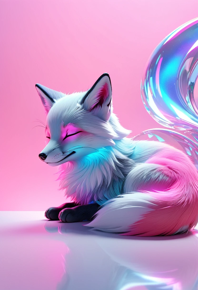 cute sleeping fox, solid, profile, sleek glass thickness, transparent, pink and white and blue and silver holographic, smooth color background, Cinematic lighting,rendering, 8K