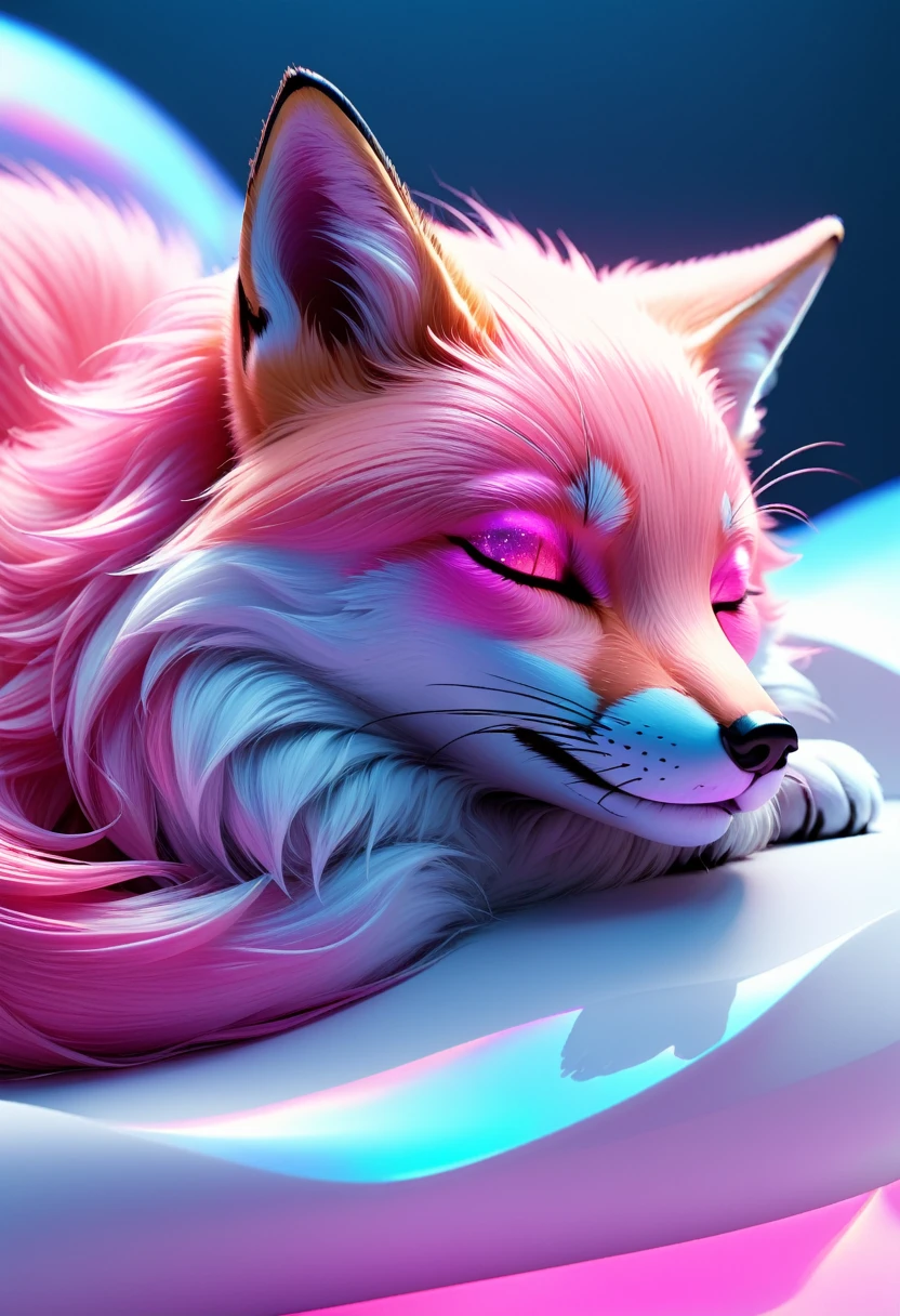 cute sleeping fox, solid, profile, sleek glass thickness, transparent, pink and white and blue and silver holographic, smooth color background, Cinematic lighting,rendering, 8K