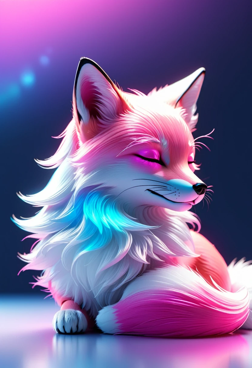 cute sleeping fox, solid, profile, sleek glass thickness, transparent, pink and white and blue and silver holographic, smooth color background, Cinematic lighting,rendering, 8K