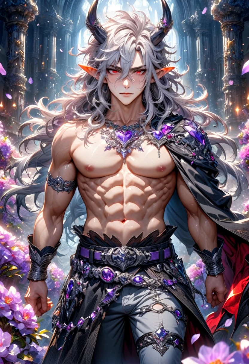 absurdres, highres, ultra detailed, HDR, master piece, best quality, Krozerus, white hair, spiked and messy hair, long hair, hair between the eyes, expressive red eyes, Dream and Legacy, solo, sexy man, handsome, demon, slightly pointy ears, black horns, black cape, bare chest, toned chest, belt around his chest, silver jewelry, silver accessories, fantasy, shining, purple flowers, blossoms, magical, purple petals