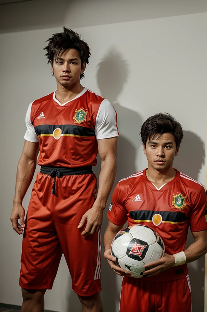 Goku wearing the Portuguese football team's jersey, background of a destroyed city