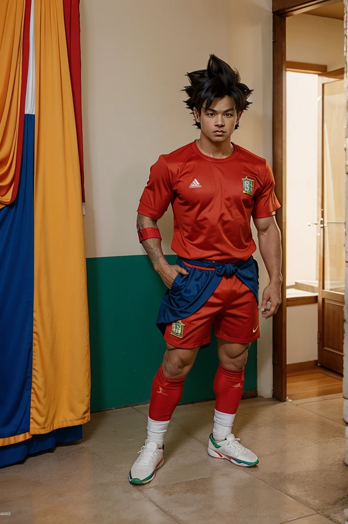 Goku wearing the Portuguese football team's jersey, background of a destroyed city