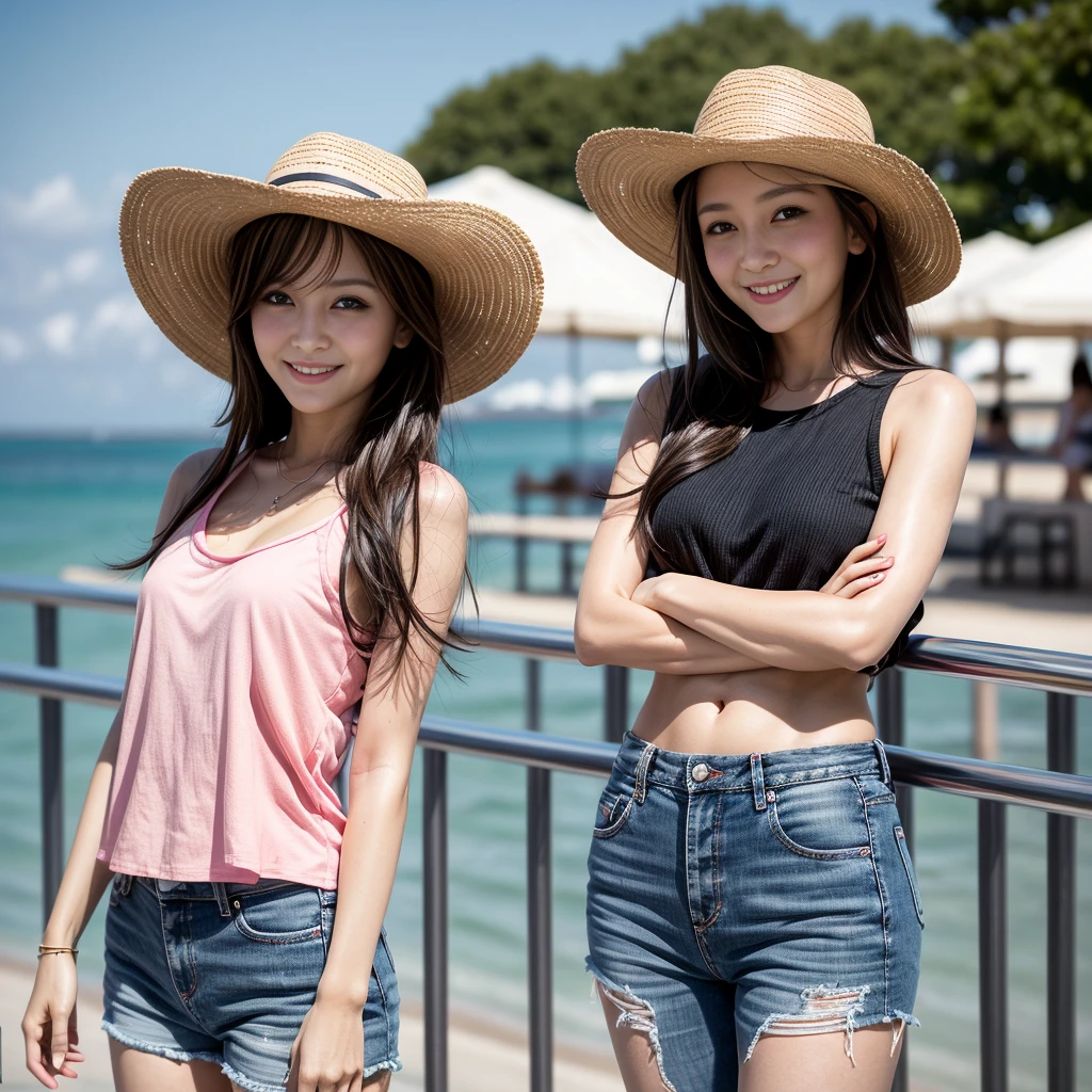  32 year old girl, very thin, with mini Texan brim, posing for photo, on the seafront in summer, with a pink top, smiling, dark black hair, light brown eyes