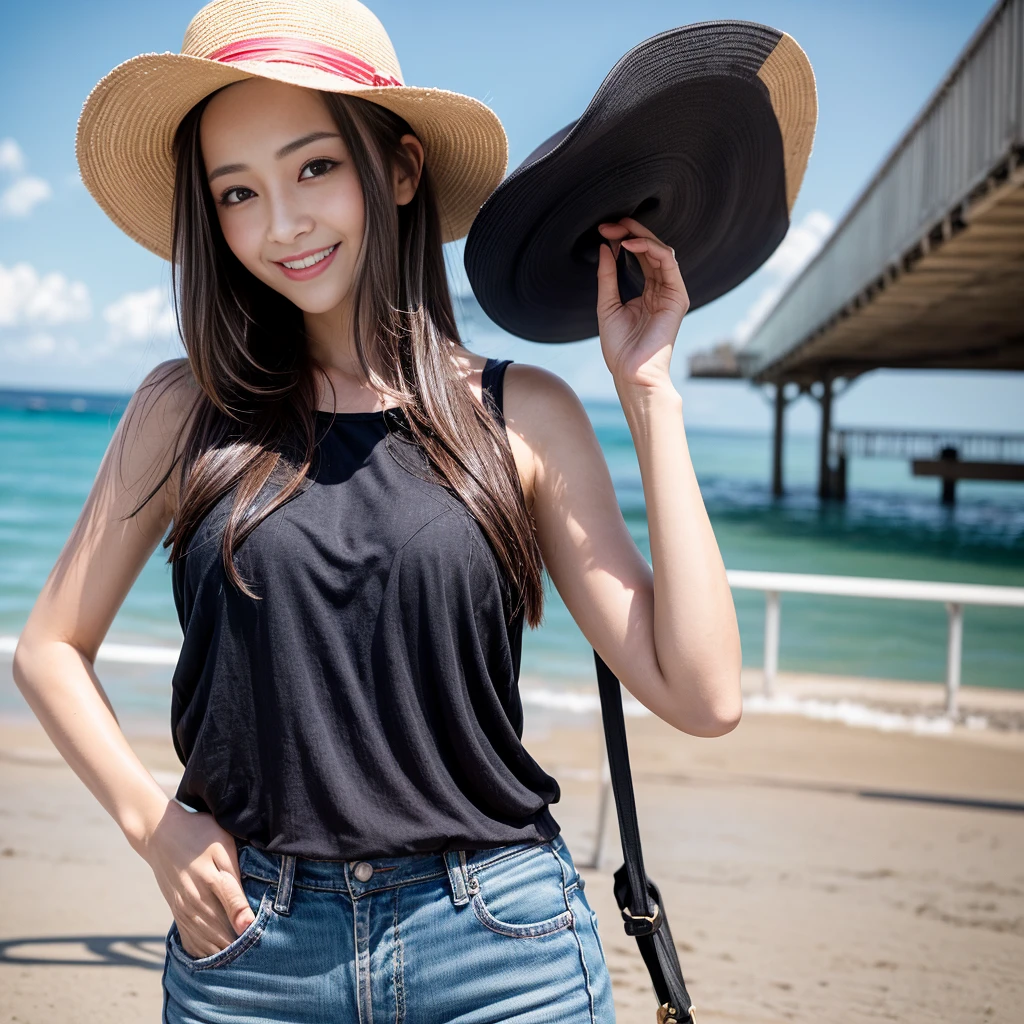 32 year old girl, very thin, with mini Texan brim, posing for photo, on the seafront in summer, with a pink top, smiling, dark black hair, light brown eyes