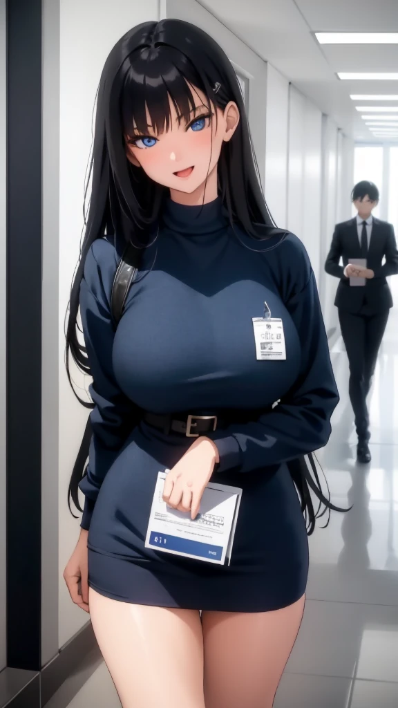(masterpiece), (best quality), (ultra-detailed), ((girl, 29 years old)), an extremely delicate and beautiful, detailed eyes, minute details, (black hair, long hair, straight hair, hair between eyes), ((big breasts)), smile, open mouth, ((beautiful eyes)), (blue eyes), (upper body), she is wearing a blue dress, (detailed clothes), (detailed background, in a hospital, hospital hallway), (monochrome)