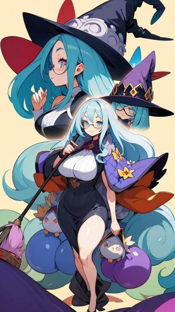 Anime, 5 plump old ladies, extremely Long hair, white hair, cyan eyes, round glasses,  busty, gorgeous plumpy body, large hips,  witch hat, witch garb, Large skirt, gigantic Broom in hand, smile, quintuplets, witch woman's group