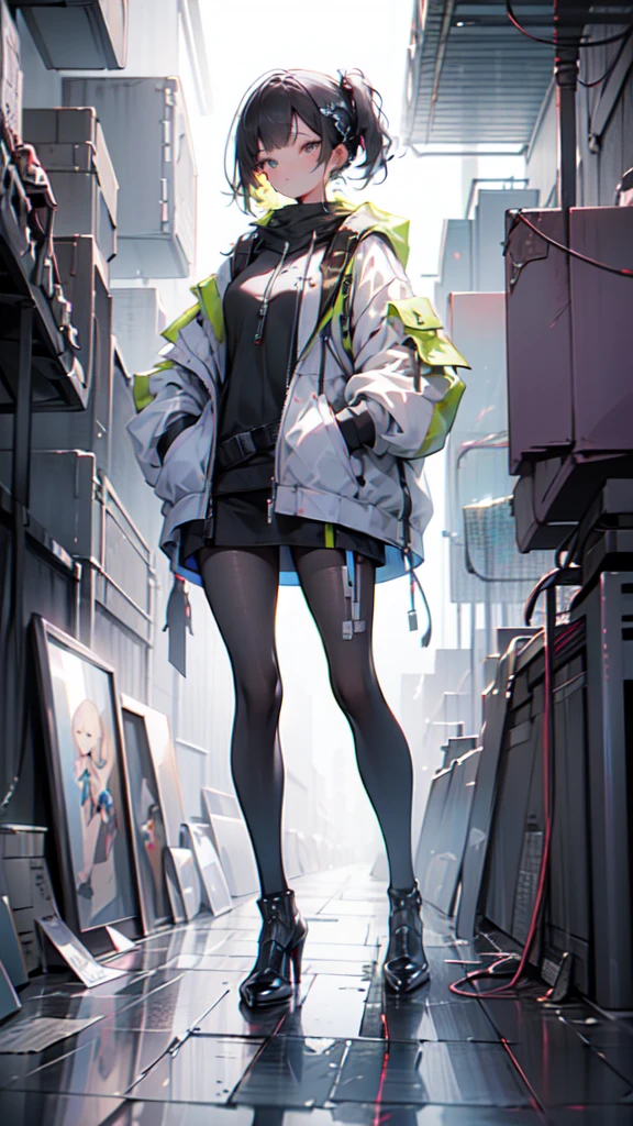 1 girl, short yellow hair, cyberpunk, Alice in Wonderland, black high heels, hand in pocket, best quality, 4k, 8k, highres, masterpiece:1.2, ultra-detailed, realistic, photorealistic, photo-realistic:1.37, HDR, UHD, studio lighting, ultra-fine painting, sharp focus, physically-based rendering, extreme detail description, professional, vivid colors, bokeh, concept art