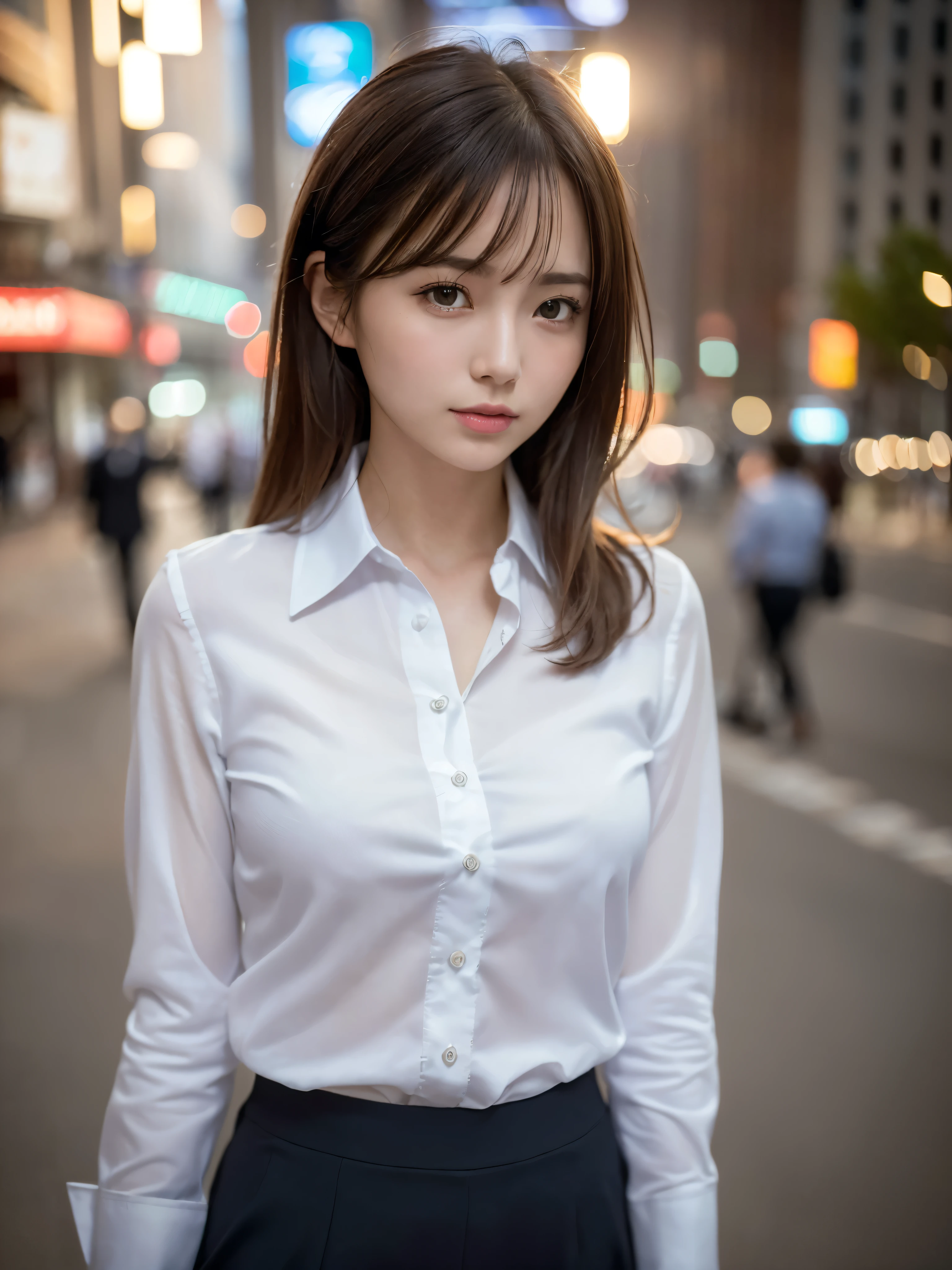 ((Highest quality, 8K, masterpiece: 1.3, RAW Photos)), Sharp focus: 1.2, (alone), (1. AESPA Girl: 1.2), (Realistic, Realistic: 1.37), (Face Focus: 1.1), Cute face, Small breasts, Flat Chest, Short, unkempt hair, (Business shirts: 1.1), Beautiful woman standing in the city under the lamplight, Cinema Lighting, thigh, Chiffon panties,