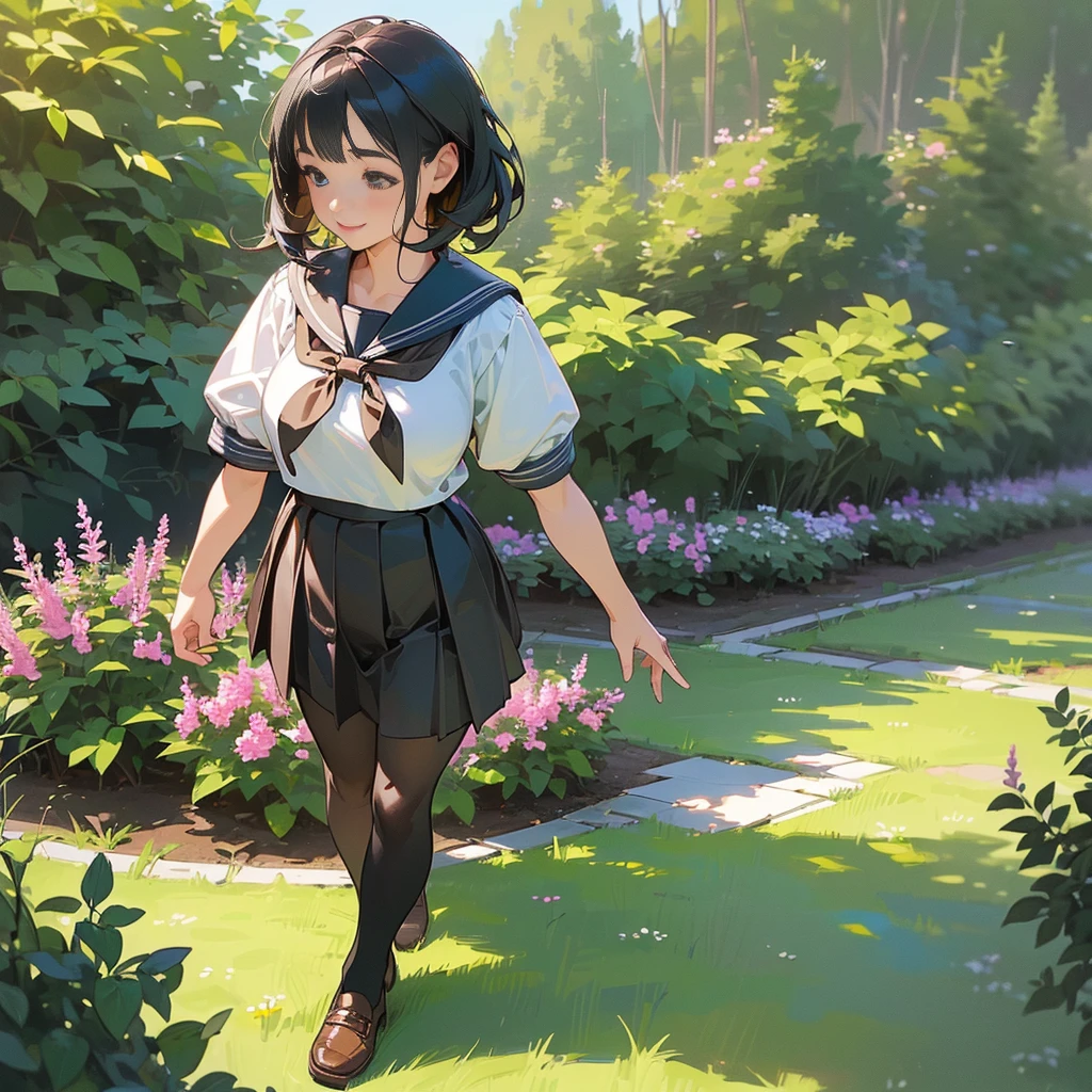(Highest quality, High resolution, Super detailed, Realistic:1.37), Peaceful atmosphere, (Outdoor, garden), Teenage girl standing alone,(my breasts are big.),Beautifully detailed features, Cute Smile, ((Black bob hair)),Short-sleeved sailor uniform, Pleated skirt,Black tights,Brown leather shoes.