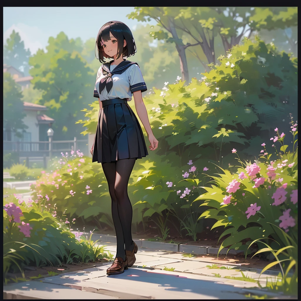 (Highest quality, High resolution, Super detailed, Realistic:1.37), Peaceful atmosphere, (Outdoor, garden), Teenage girl standing alone,(my breasts are big.),Beautifully detailed features, Cute Smile, ((Black bob hair)),Short-sleeved sailor uniform, Pleated skirt,Black tights,Brown leather shoes.
