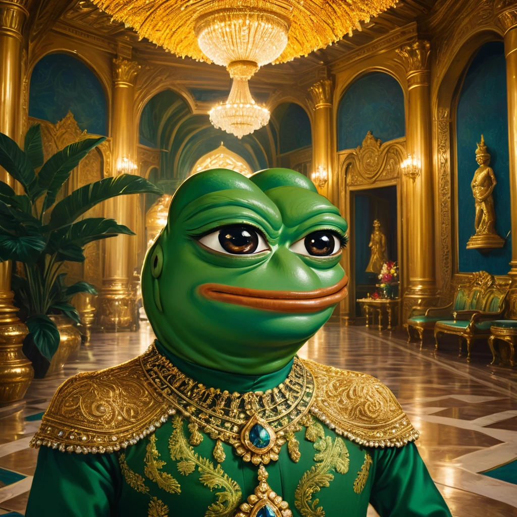 a lush tropical paradise, ornate golden palace, lavish party with wealthy guests, (pepe_frog:2.2), 1 boy, detailed face, piercing eyes, beautiful lips, intricate clothing, opulent jewelry, grand architecture, vibrant colors, dramatic lighting, (best quality,4k,8k,highres,masterpiece:1.2),ultra-detailed,(realistic,photorealistic,photo-realistic:1.37),cinematic composition,dramatic lighting,vibrant colors