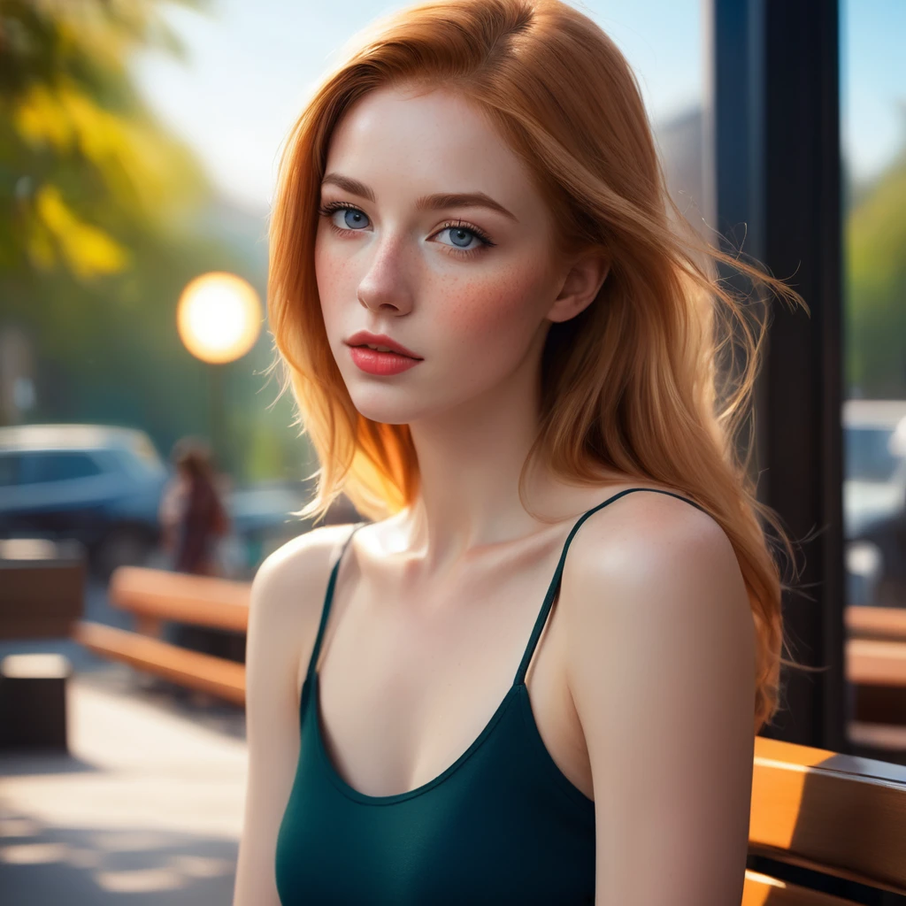 Stacey, A tall, young woman,epiC35mm, 22 years old,  with long shoulders, athletic, lanky female, a strong build and long, freckles, strawberry blonde hair, freckles. Her skin is pale, toned arms,  and a muscular midsection. long legs, She has small breasts, well defined chest, and soft thighs, giving her a delicate and graceful appearance. Her overall look is average in terms of attractiveness, with features that blend in rather than stand out, sitting on a park bench, asymmetrical, bodycon,skirt, Tank top , minimalist art, abstract, bold colors, 1girl, beautiful detailed eyes, beautiful detailed lips, extremely detailed face, long eyelashes, portrait, digital painting, oil painting, acrylic, vibrant colors, vivid colors, high contrast, dramatic lighting, cinematic lighting, dramatic shadows, minimalist background, geometric shapes, clean composition, surreal, dreamlike, impressionistic, hyperrealistic, photorealistic, 8k, highres, best quality, masterpiece, symmetrical 