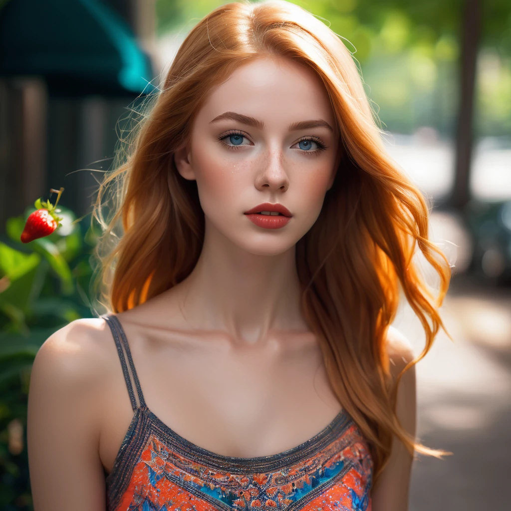 Stacey, A tall, young woman,epiC35mm, 22 years old, with long shoulders, athletic, lanky female, a strong build and long, freckles, strawberry blonde hair, freckles. Her skin is pale, toned arms, and a muscular midsection. long legs, She has small breasts, well defined chest, and soft thighs, giving her a delicate and graceful appearance. Her overall look is average in terms of attractiveness, with features that blend in rather than stand out, sitting on a park bench, asymmetrical, bodycon,skirt, Tank top , minimalist art, abstract, bold colors, 1girl, beautiful detailed eyes, beautiful detailed lips, extremely detailed face, long eyelashes, portrait, digital painting, oil painting, acrylic, vibrant colors, vivid colors, high contrast, dramatic lighting, cinematic lighting, dramatic shadows, minimalist background, geometric shapes, clean composition, surreal, dreamlike, impressionistic, hyperrealistic, photorealistic, 8k, highres, best quality, masterpiece, symmetrical