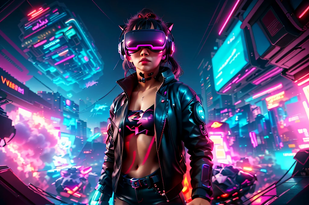 junkotvv cabello largo , messy hair, orejas de gato a girl in a black jacket and glasses stands in front of a futuristic city, vr game, cyberpunk vibe, cyberpunk vibes, deeper into the metaverse we go, has cyberpunk style, cyberpunk theme, in cyber punk 2077, cyberpunk futuristic, cyberpunk future, synthwave, wearing cyberpunk streetwear, futuristic cyberpunk, cyberpunk tech, retro cyberpunk, synthwave style