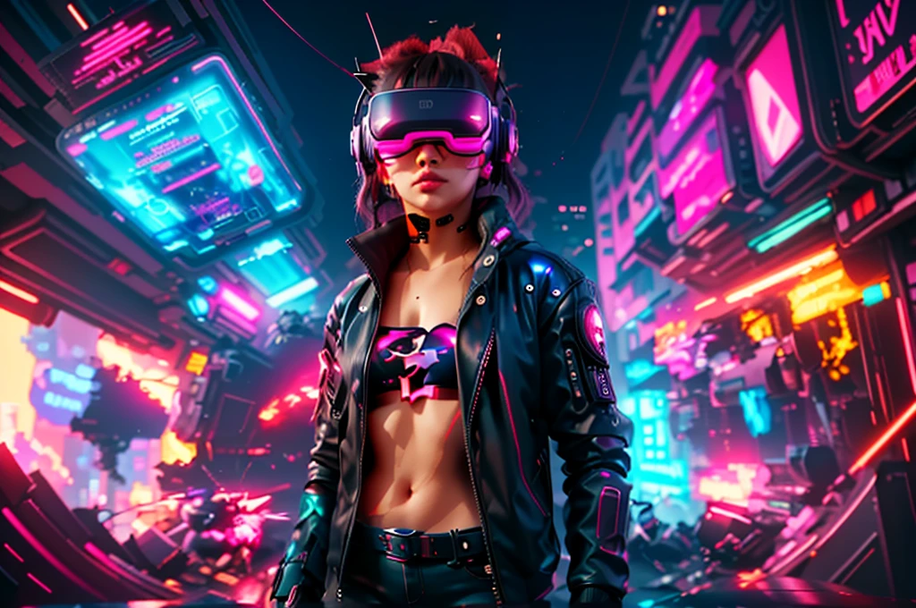 junkotvv cabello largo , messy hair, orejas de gato a girl in a black jacket and glasses stands in front of a futuristic city, vr game, cyberpunk vibe, cyberpunk vibes, deeper into the metaverse we go, has cyberpunk style, cyberpunk theme, in cyber punk 2077, cyberpunk futuristic, cyberpunk future, synthwave, wearing cyberpunk streetwear, futuristic cyberpunk, cyberpunk tech, retro cyberpunk, synthwave style