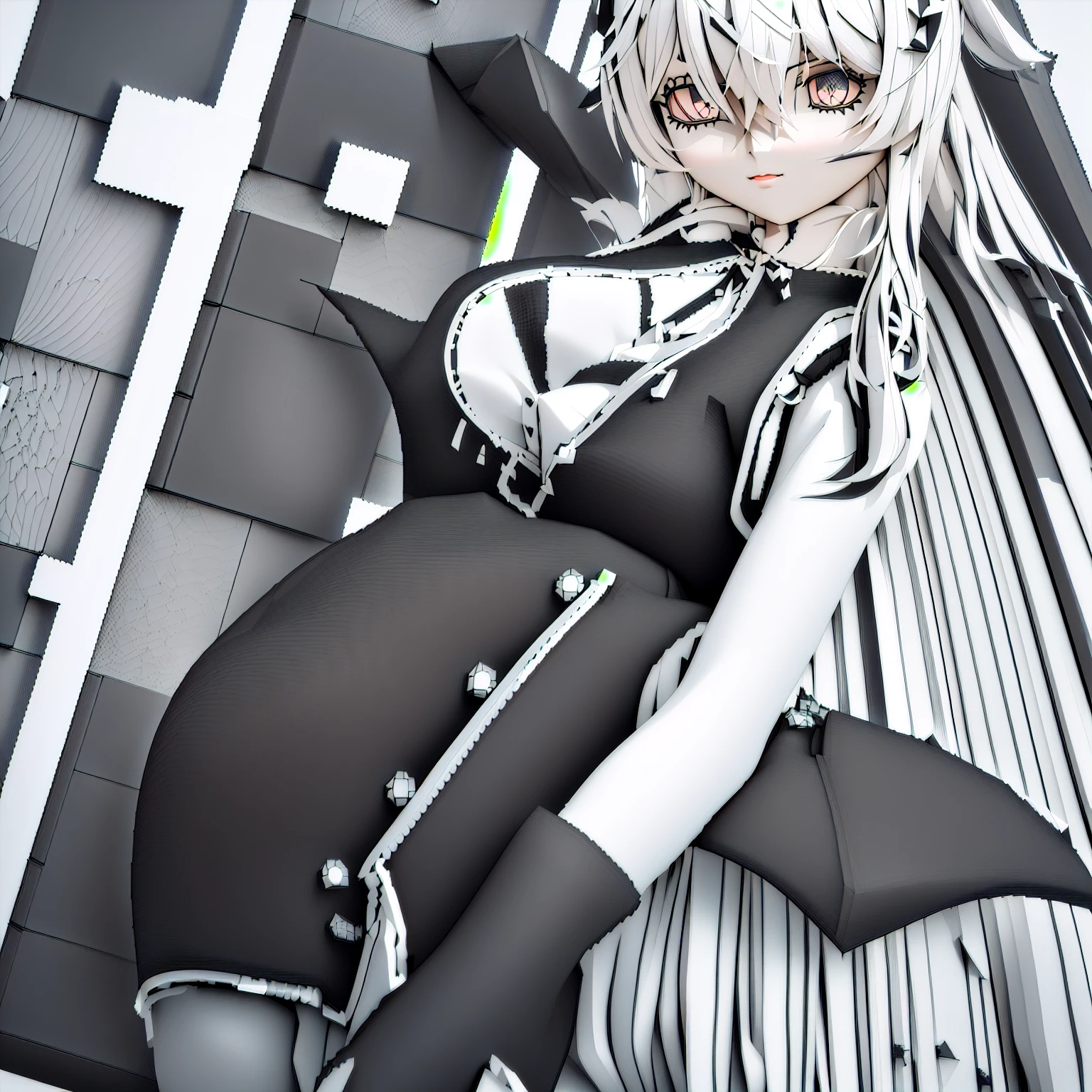 anime girl with long white hair and black outfit posing in front of a building, anime styled 3d, anime style. 8k, anime girl wearing a black dress, nier inspired, azur lane style, ( ( ( ( 3 d render ) ) ) ), gapmoe yandere grimdark, in dress, gothic maiden anime girl