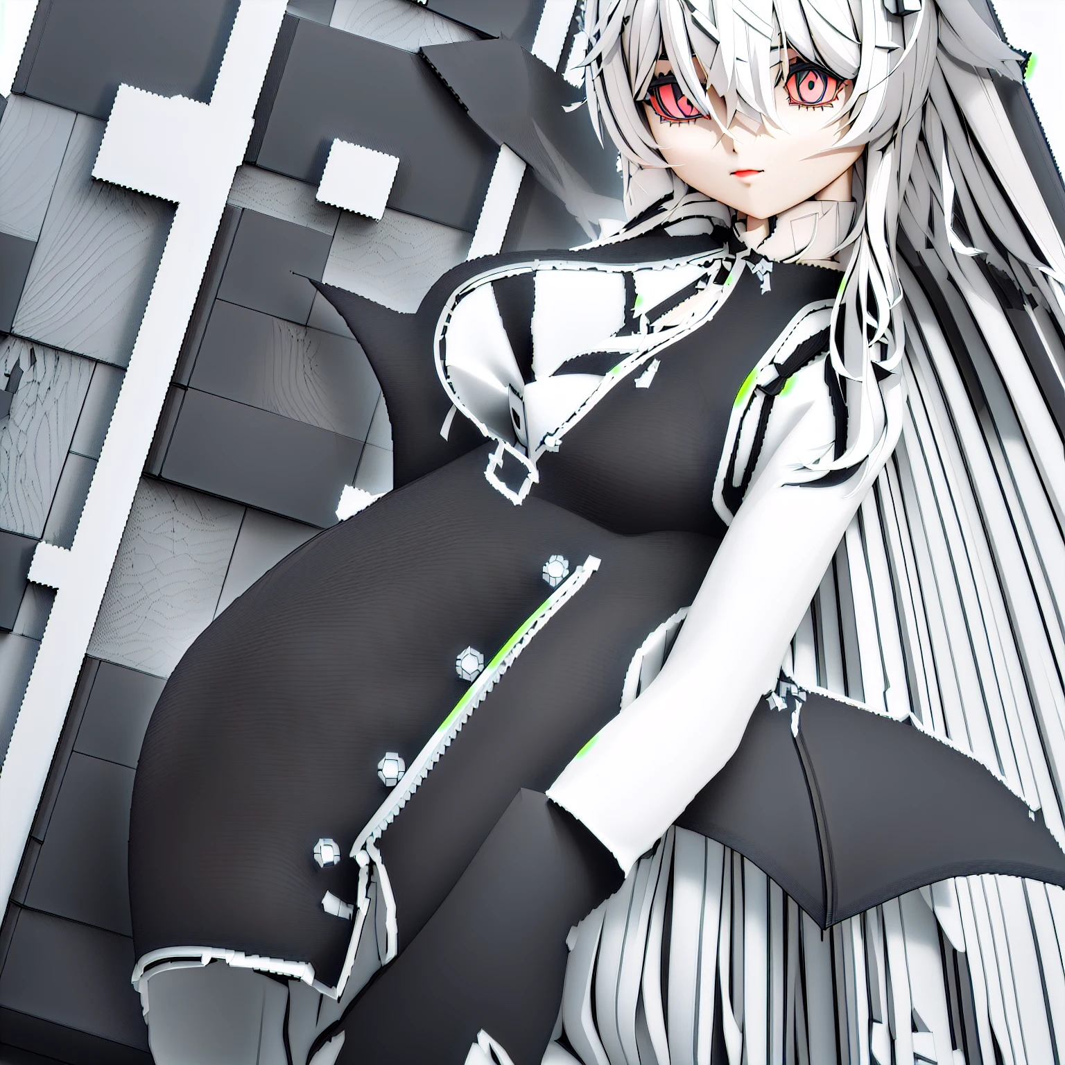 anime girl with long white hair and black outfit posing in front of a building, anime styled 3d, anime style. 8k, anime girl wearing a black dress, nier inspired, azur lane style, ( ( ( ( 3 d render ) ) ) ), gapmoe yandere grimdark,  in dress, gothic maiden anime girl