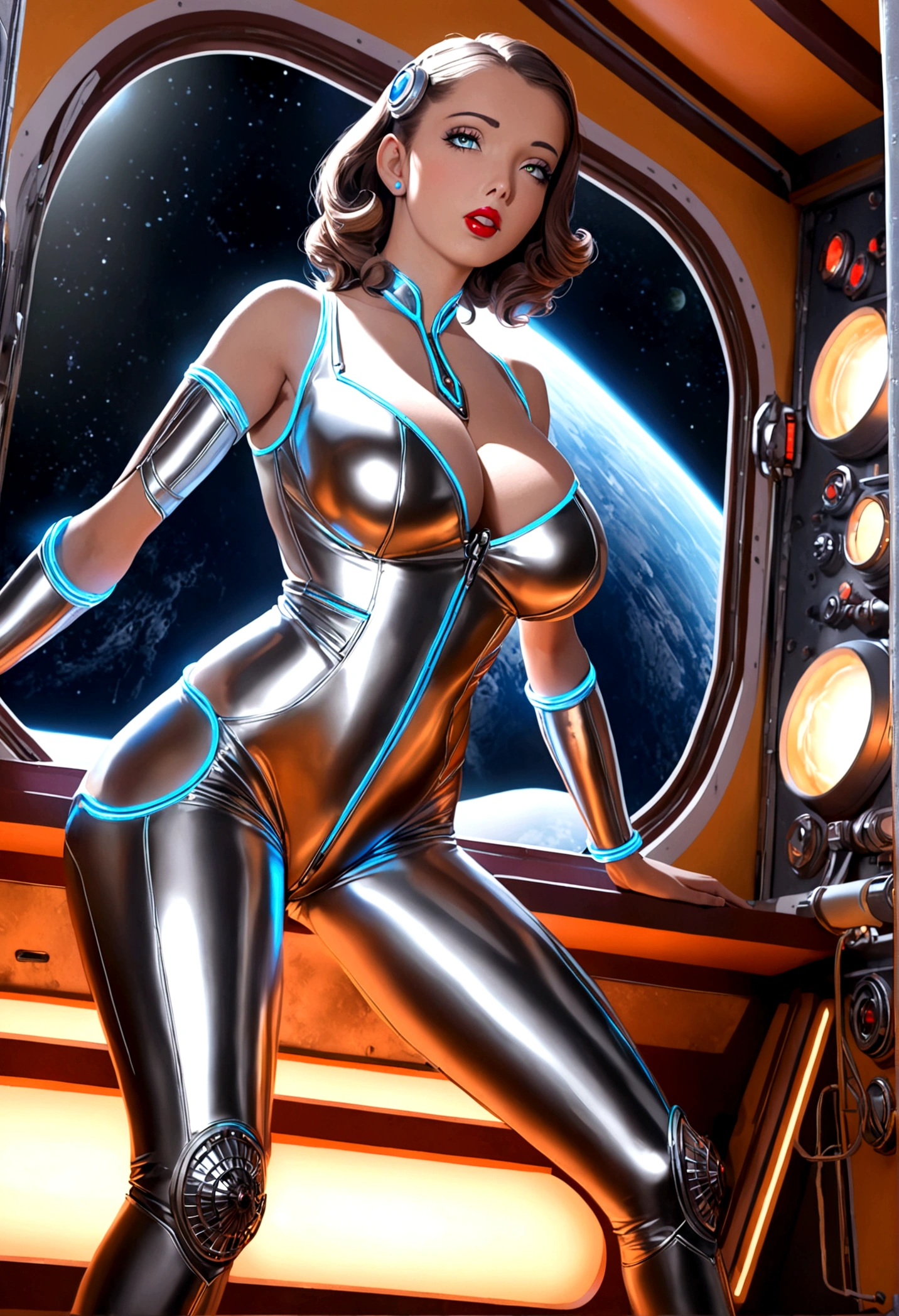 A sexy female space captain in a 50s-styled space outfit piloting her rocket with blinking controls and bright lights, highly detailed, photorealistic, 8k, hyper-realistic, extremely detailed, ultra-detailed, masterpiece, detailed eyes, detailed lips, long eyelashes, muscular, confident expression, dramatic lighting, neon colors, intricate ship interior, glowing displays, metallic textures, shiny surfaces, dynamic pose, cinematic angle

