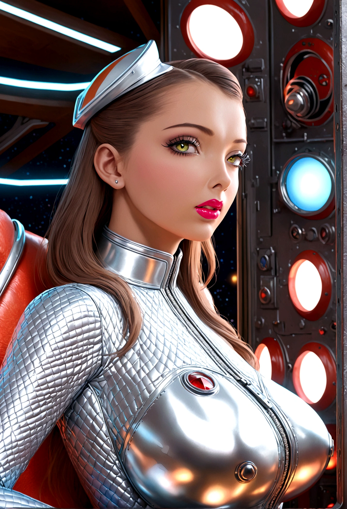 A sexy female space captain in a 50s-styled space outfit piloting her rocket with blinking controls and bright lights, highly detailed, photorealistic, 8k, hyper-realistic, extremely detailed, ultra-detailed, masterpiece, detailed eyes, detailed lips, long eyelashes, muscular, confident expression, dramatic lighting, neon colors, intricate ship interior, glowing displays, metallic textures, shiny surfaces, dynamic pose, cinematic angle
