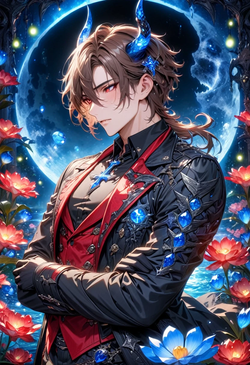 absurdres, highres, ultra detailed, HDR, master piece, Elian, dark brown hair, expressive red eyes, cross neckle, red vest, Demon Fantasy, sexy man, handsome, best quality, blue moon, flowers, fantasy, magical, solo, black coat, water, blue shining fireflies, hunter, black gloves, black shirt, blue petals, demon black horns,