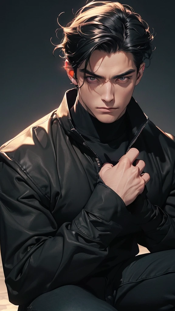 "(The best quality, 4k, 8k, High Resolutions, Masterpiece:1.2), ultra detailed, (realist, fotorrealist, fotorrealist: 1.37), Manhwa, ( man 20-30 years old), demonic, elegant, masculine, dominant, attractive, sexy, una mirada arrogant, (messy hair, black hair), fringe that covers his forehead, perfect and detailed face, big body, muscular, ectomorfo, Without beard, demonic smile, mocking expression, arrogant, Dynamic pose with a black cape, pumped body, good anatomy, (dressed in a black long-sleeved shirt, black turtleneck, black denim pants, heavy boots, black leather gloves on both hands, long black horns facing back), (detailed eyes, Even the eyes)
