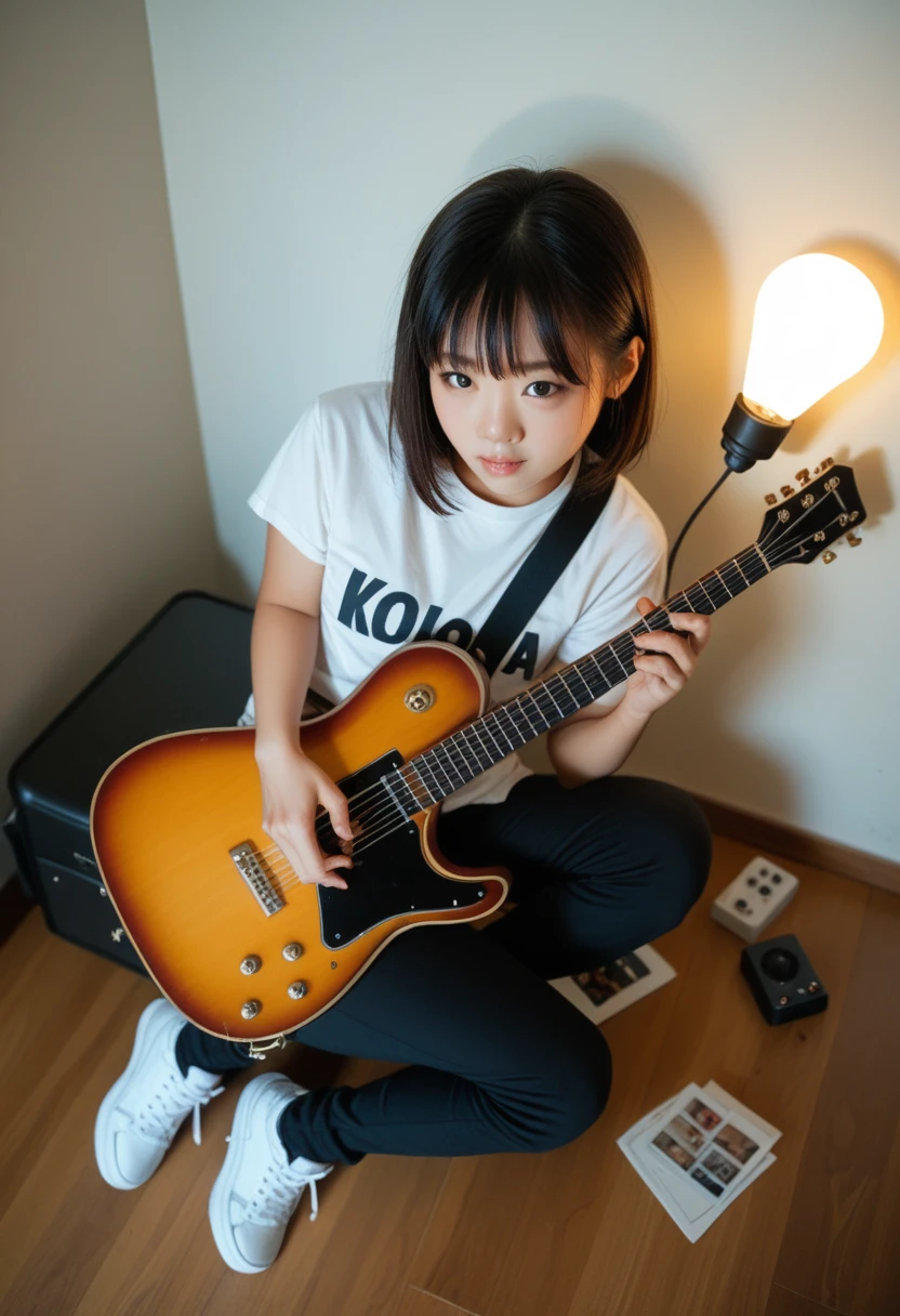 A photo of an extremely beautiful Asian girl playing guitar ,wearing streetwear in the middle of a glass cube filled with lightbulbs, taken from a high angle shot, with dark hair bangs, white sneakers, studio lighting in the style of Kodak film stock 