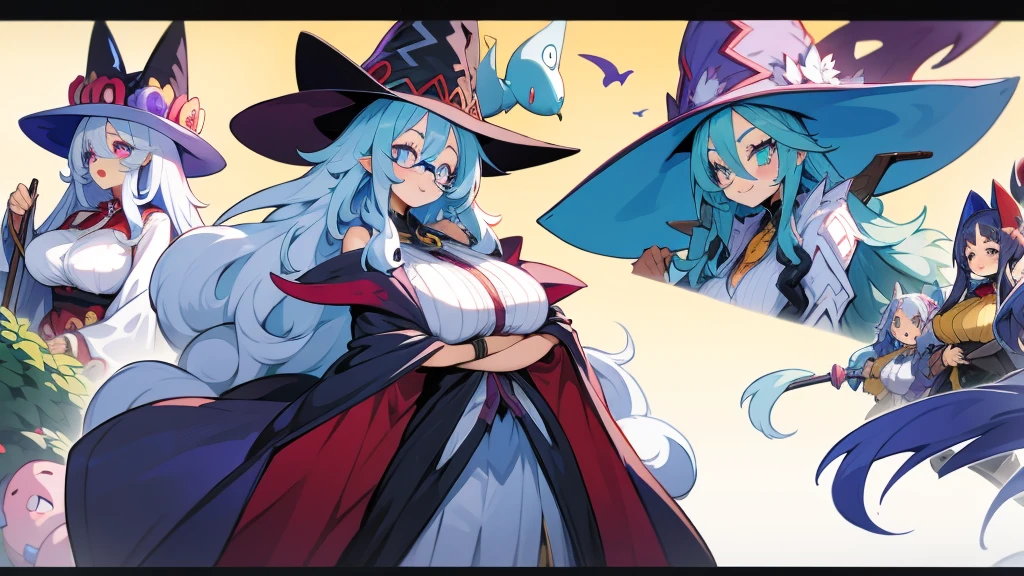 Anime, 5 plump old ladies, extremely Long hair, white hair, cyan eyes, round glasses,  busty, gorgeous plumpy body, large hips,  witch hat, witch garb, Large skirt, gigantic Broom in hand, smile, quintuplets, witch woman's group