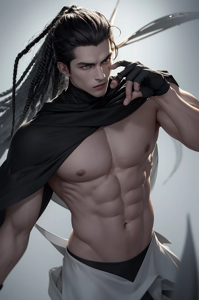 scenario:

An infinite white void, no bottom or visible horizon.
A dense black fog spreads across the environment, creating a mysterious and dystopian atmosphere.
charachter:

A tall, muscular young man with black skin, with long, voluminous dreadlocks tied in samurai style.
Big, green eyes that emanate an intense light.
The young man has his back to the observer, walking steadily backwards.
He raises his right hand in a gesture of peace, as the black fog opens around you.
A dark, defined shadow of the young man is projected onto the white floor, contrasting with the light emanating from your eyes.
Additional Elements:

The inscription "FADILSON" appears at the top of the white void, in shiny gold letters. The light seems to emanate from the name, lighting up dinner.
The overall aesthetic of the image should be inspired by anime, with dystopian and saturated pastel colors.
The texture of the young man&#39;s fog and shadow should be grainy and uneven, as if they were painted with pastel paint.
styled:

The image must have a dynamic and expressive style, capturing the strength and determination of young Fadilson.
As cores devem ser vibrantes e contrastantes, creating a surreal and memorable atmosphere.
The texture of the fog and the young man&#39;s shadow should contribute to the feeling of mystery and dystopia.
Inspiration